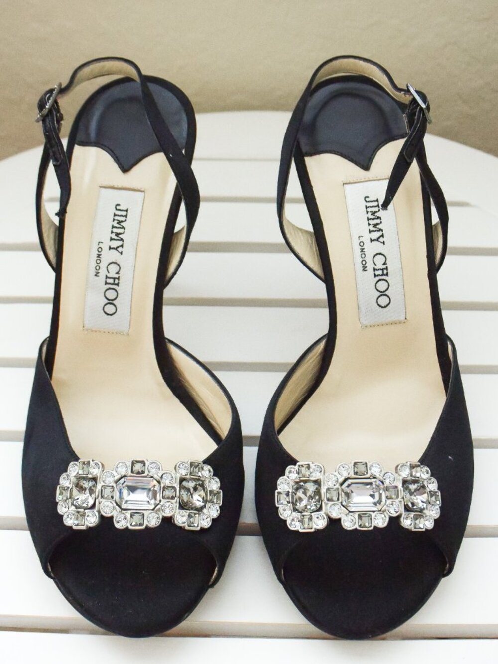 *Jimmy Choo* Swarovski Crystal Satin Black Slingback Open Toe Heels - 5.5M (36)